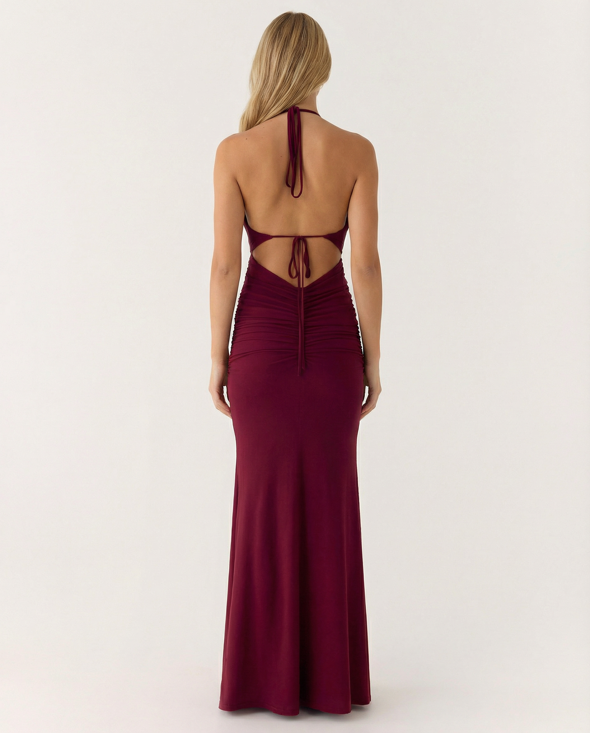 EVIE | Satin Halter Cowl Neck Ruched Maxi Dress