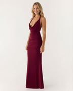 EVIE | Satin Halter Cowl Neck Ruched Maxi Dress