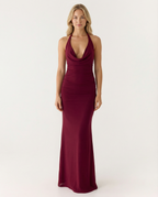 EVIE | Satin Halter Cowl Neck Ruched Maxi Dress