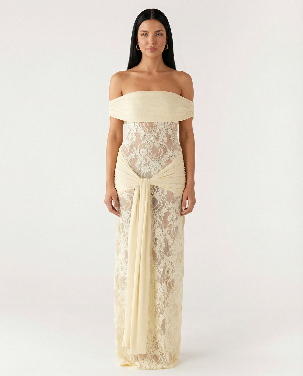EVIE | Off Shoulder Lace Panel Twist Knot Maxi Dress