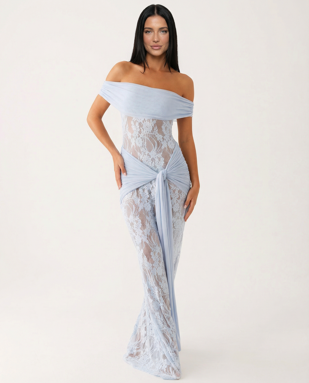 EVIE | Off Shoulder Lace Panel Twist Knot Maxi Dress