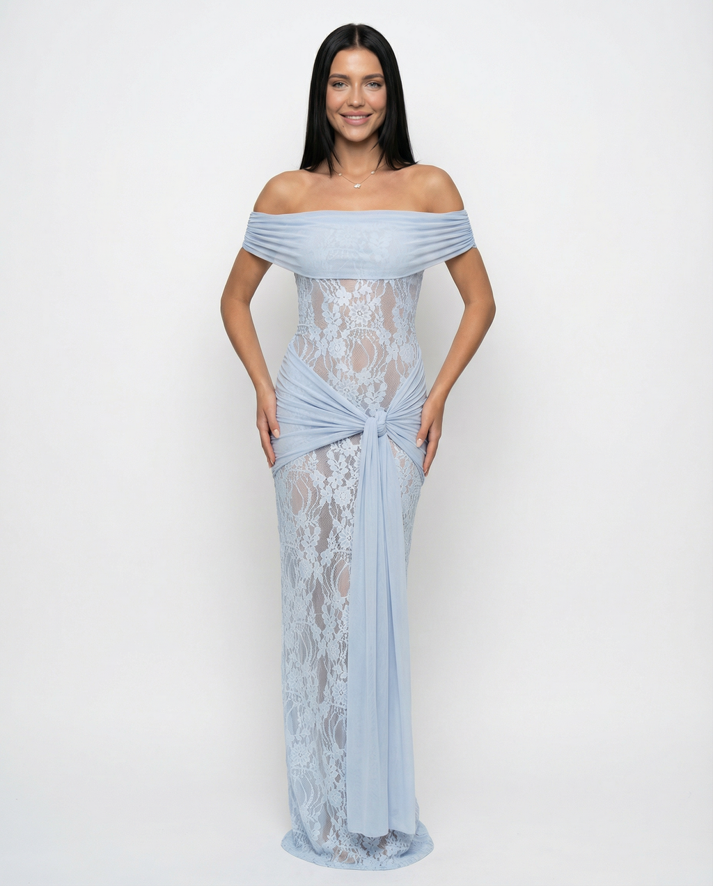 EVIE | Off Shoulder Lace Panel Twist Knot Maxi Dress