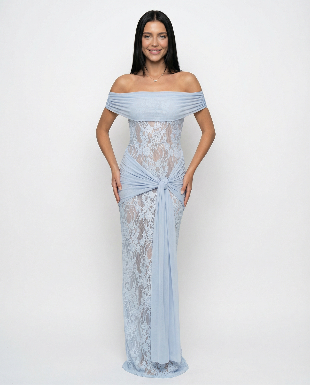 EVIE | Off Shoulder Lace Panel Twist Knot Maxi Dress