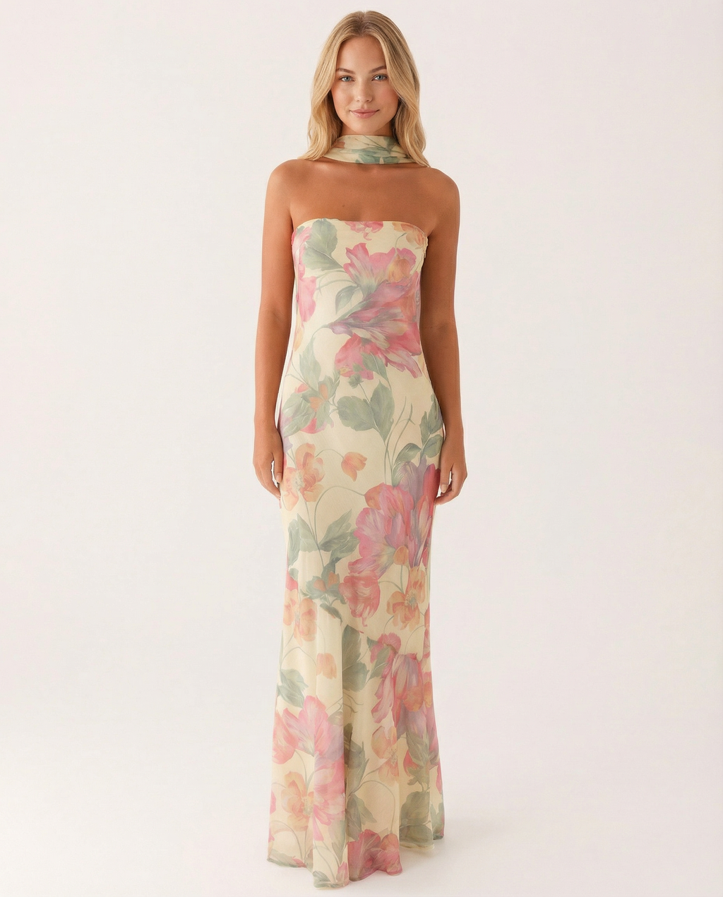 EVIE | Floral Strapless Chiffon Maxi Dress with Scarf