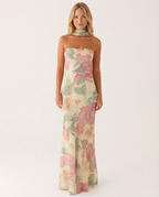 EVIE | Floral Strapless Chiffon Maxi Dress with Scarf