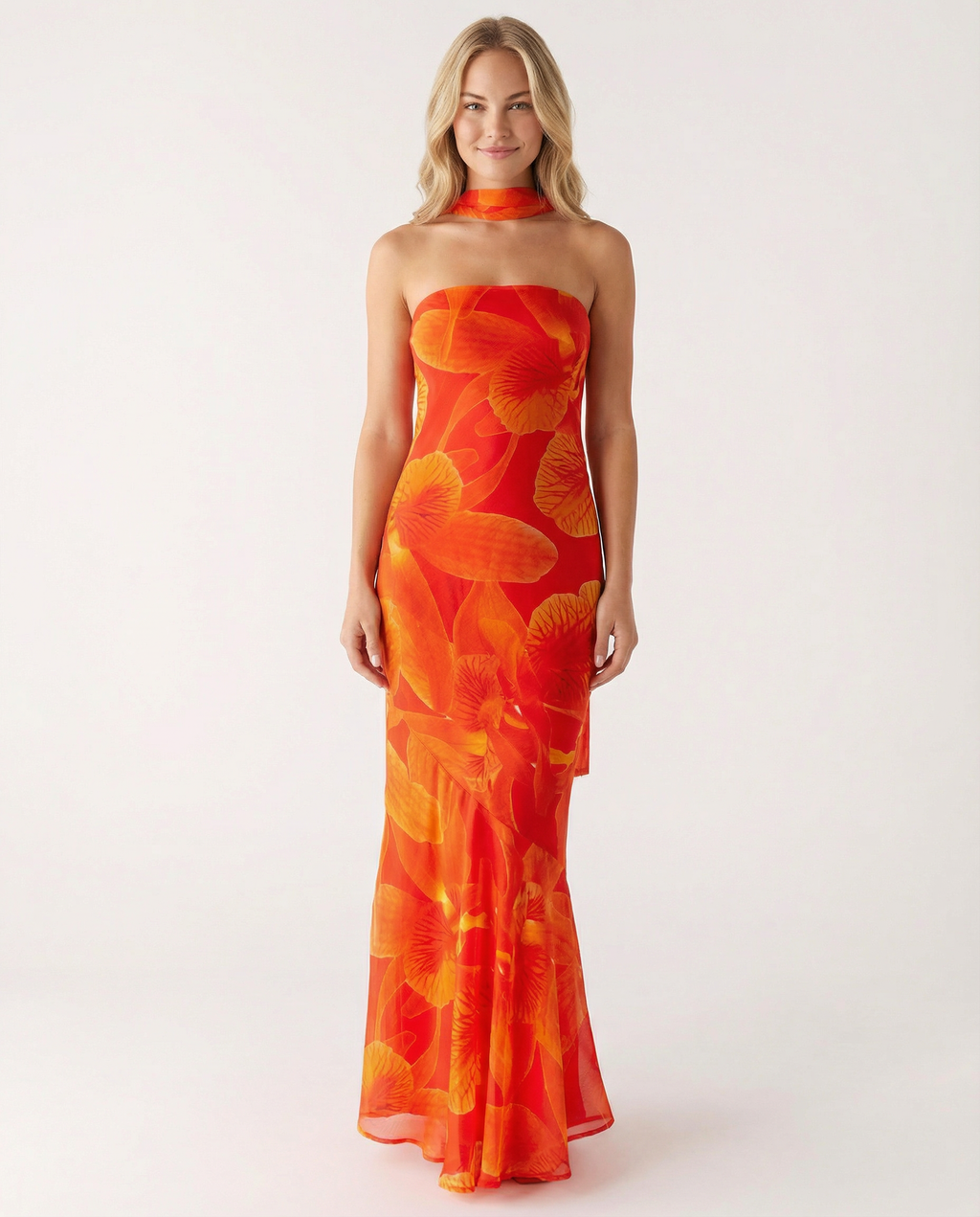 EVIE | Floral Strapless Chiffon Maxi Dress with Scarf