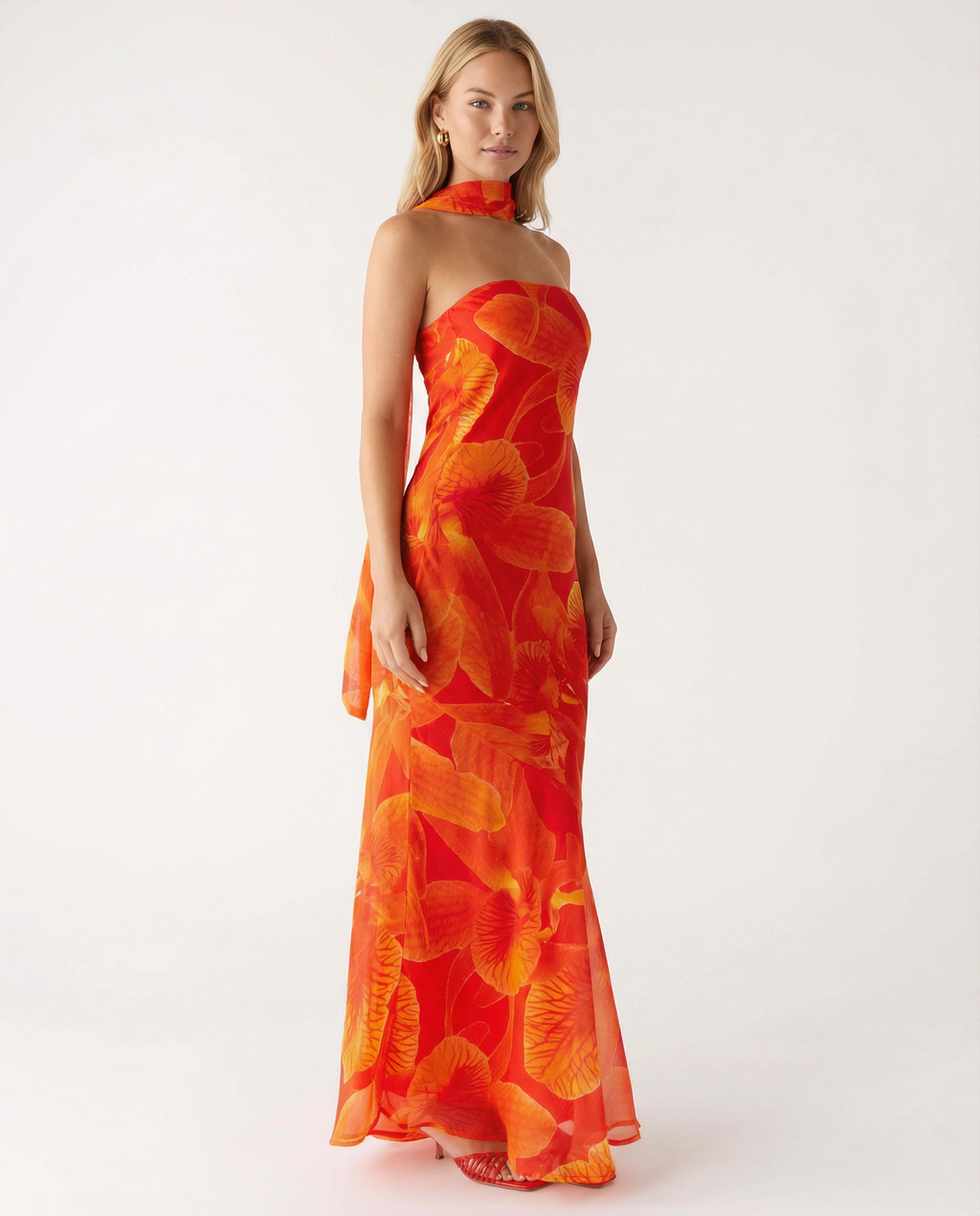 EVIE | Floral Strapless Chiffon Maxi Dress with Scarf