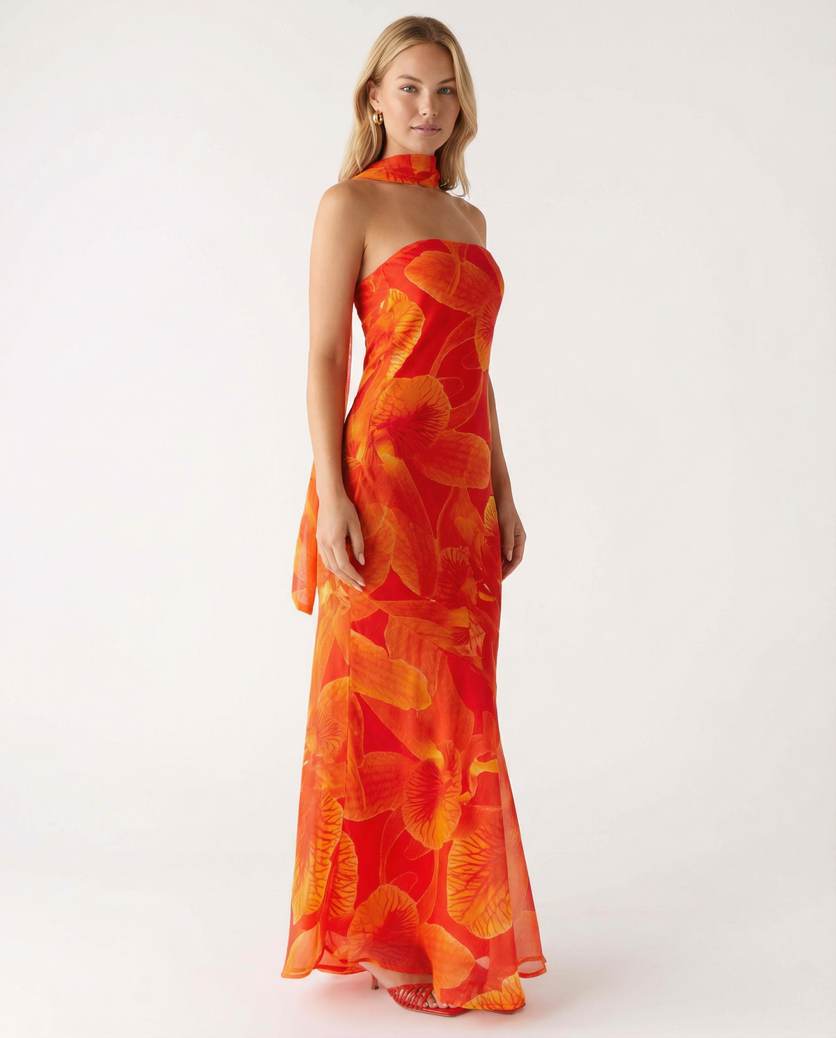 EVIE | Floral Strapless Chiffon Maxi Dress with Scarf