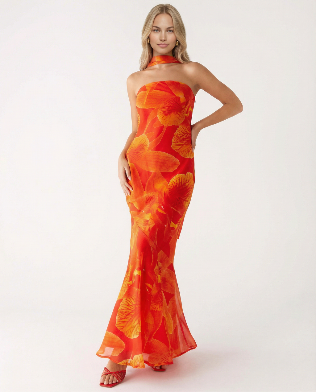 EVIE | Floral Strapless Chiffon Maxi Dress with Scarf