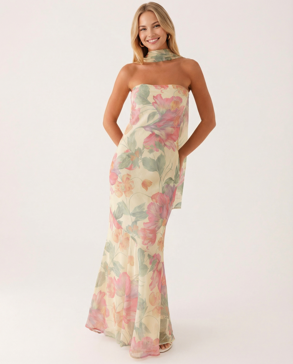 EVIE | Floral Strapless Chiffon Maxi Dress with Scarf