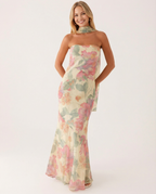 EVIE | Floral Strapless Chiffon Maxi Dress with Scarf