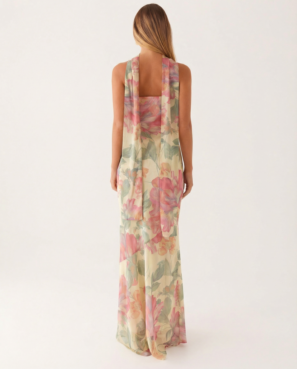 EVIE | Floral Strapless Chiffon Maxi Dress with Scarf
