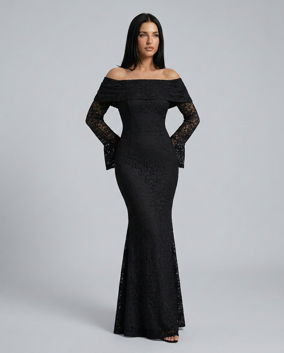 EVIE | Lace Off Shoulder Long Sleeve Maxi Dress