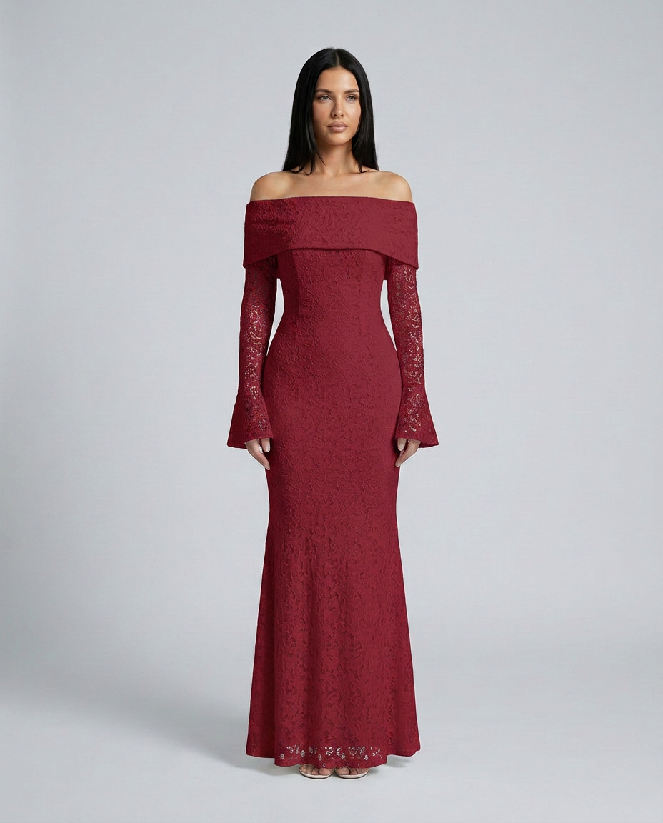 EVIE | Lace Off Shoulder Long Sleeve Maxi Dress
