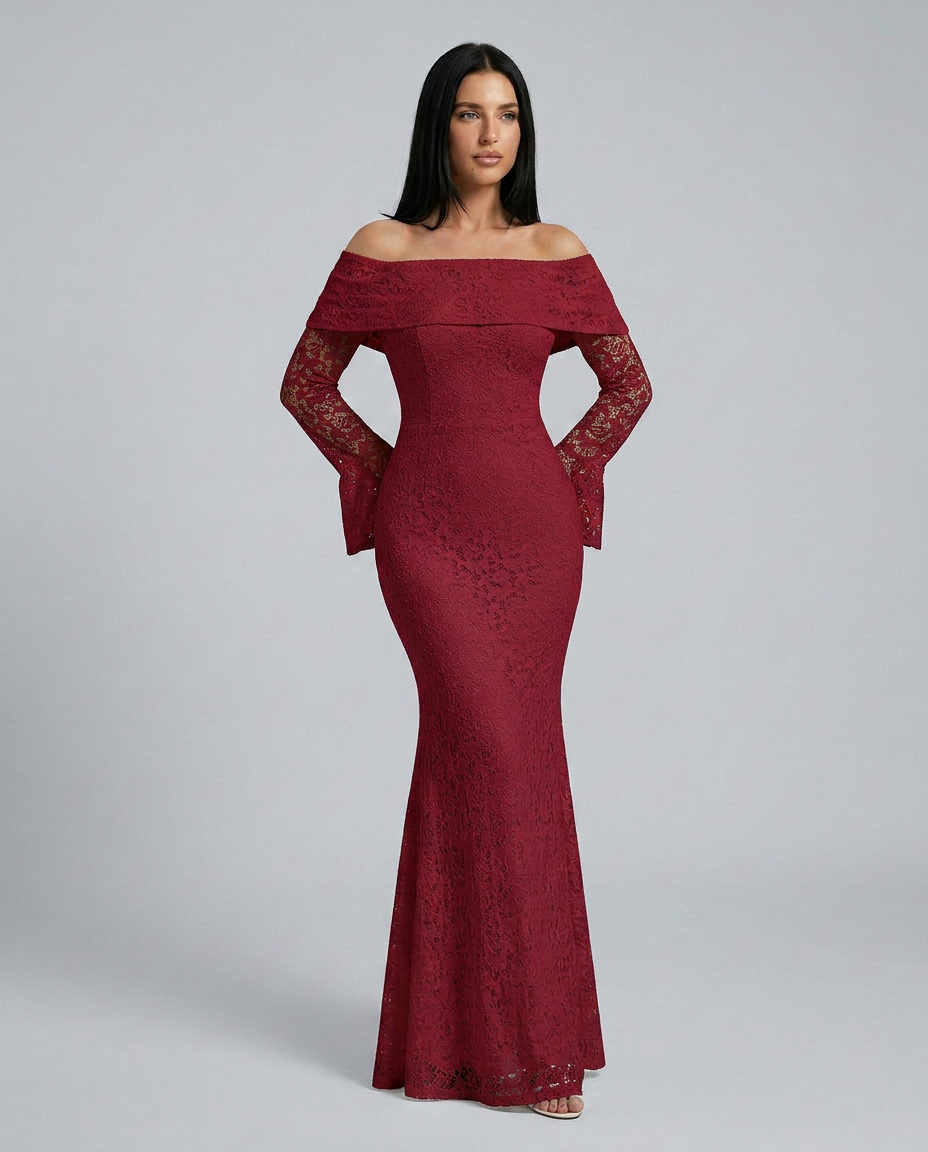 EVIE | Lace Off Shoulder Long Sleeve Maxi Dress