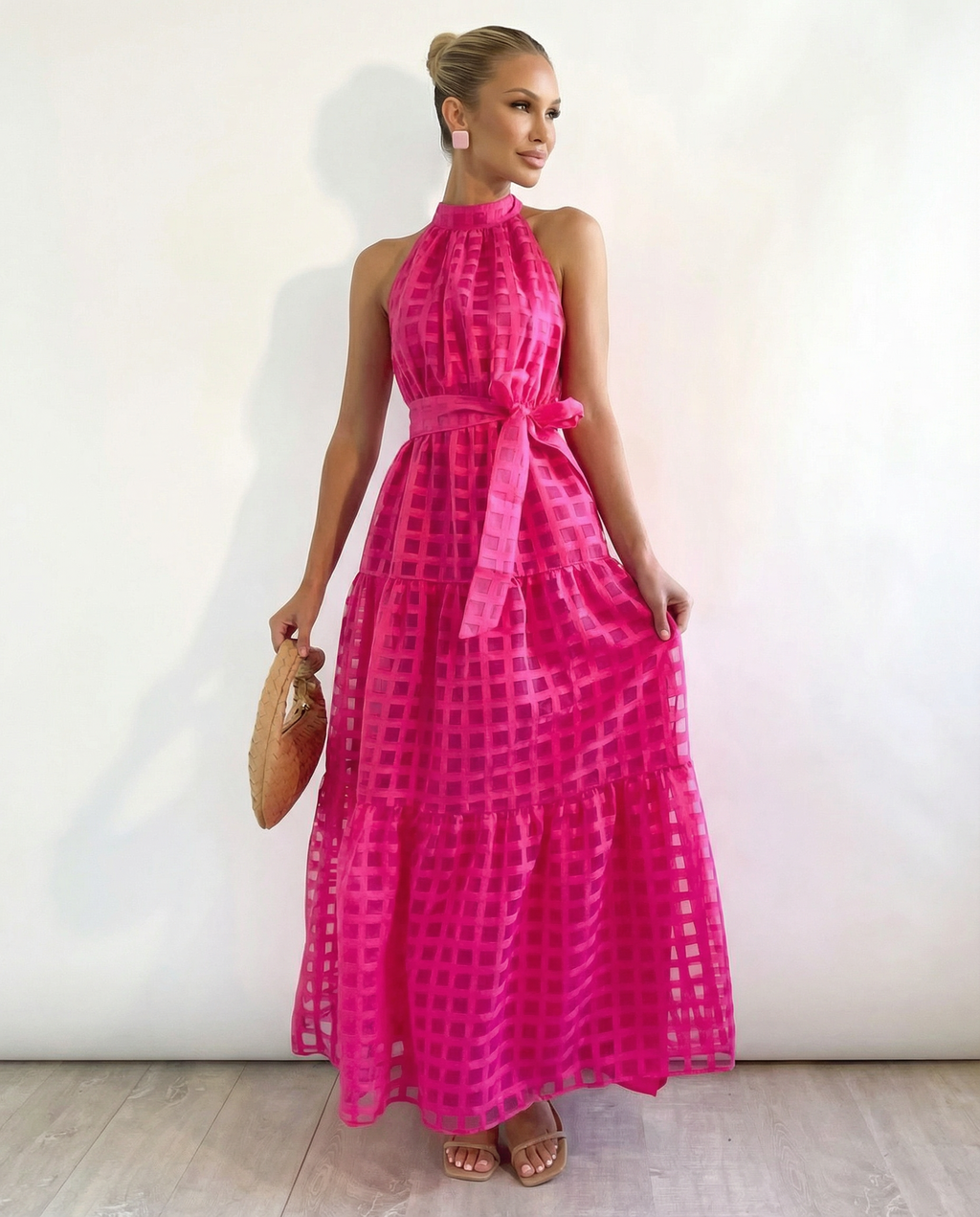 EVIE | Halter Neck Tie Waist Tiered Maxi Dress