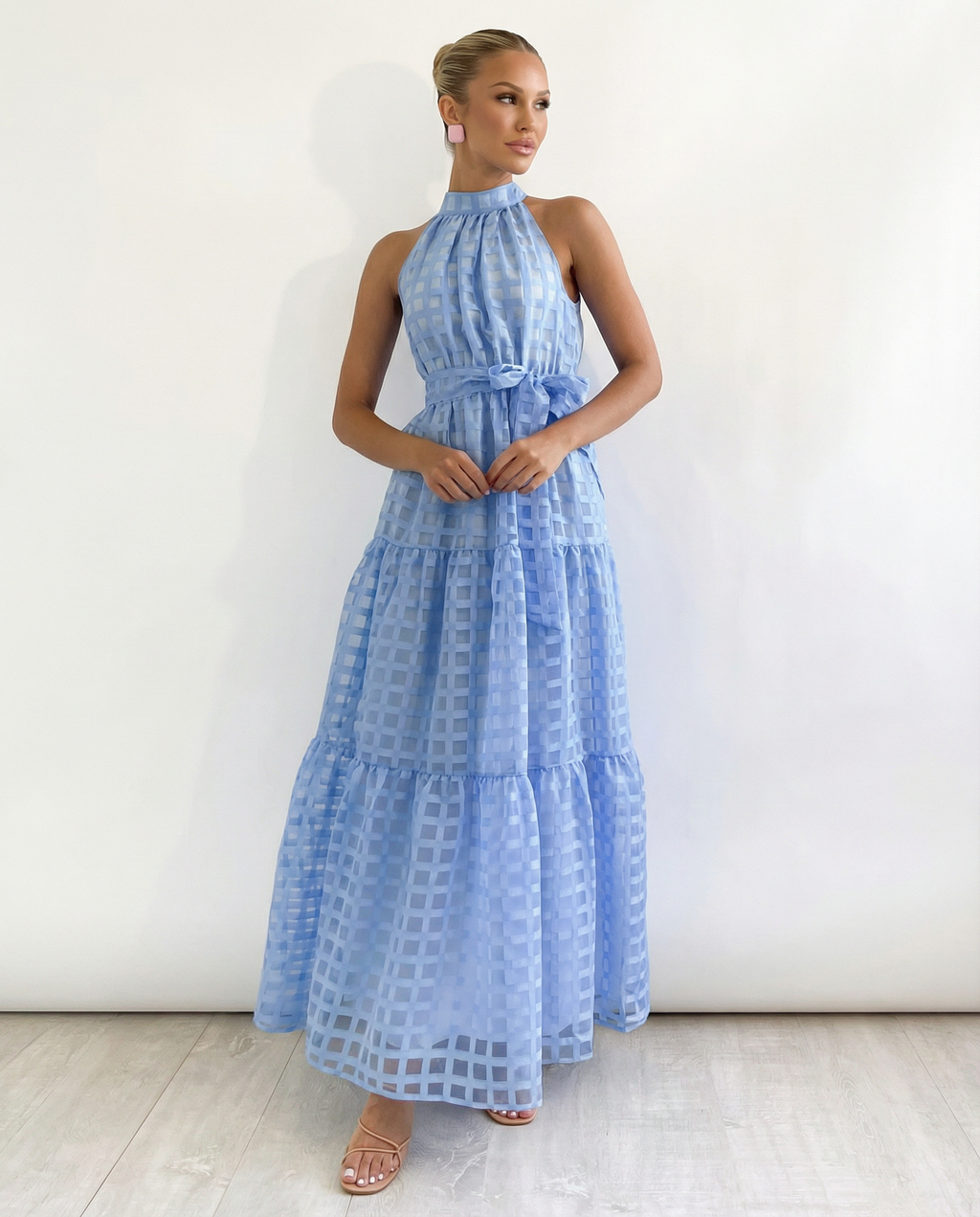 EVIE | Halter Neck Tie Waist Tiered Maxi Dress