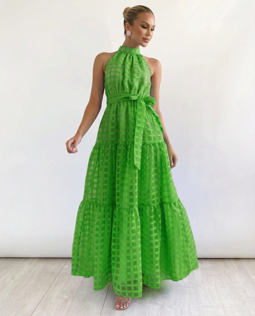 EVIE | Halter Neck Tie Waist Tiered Maxi Dress