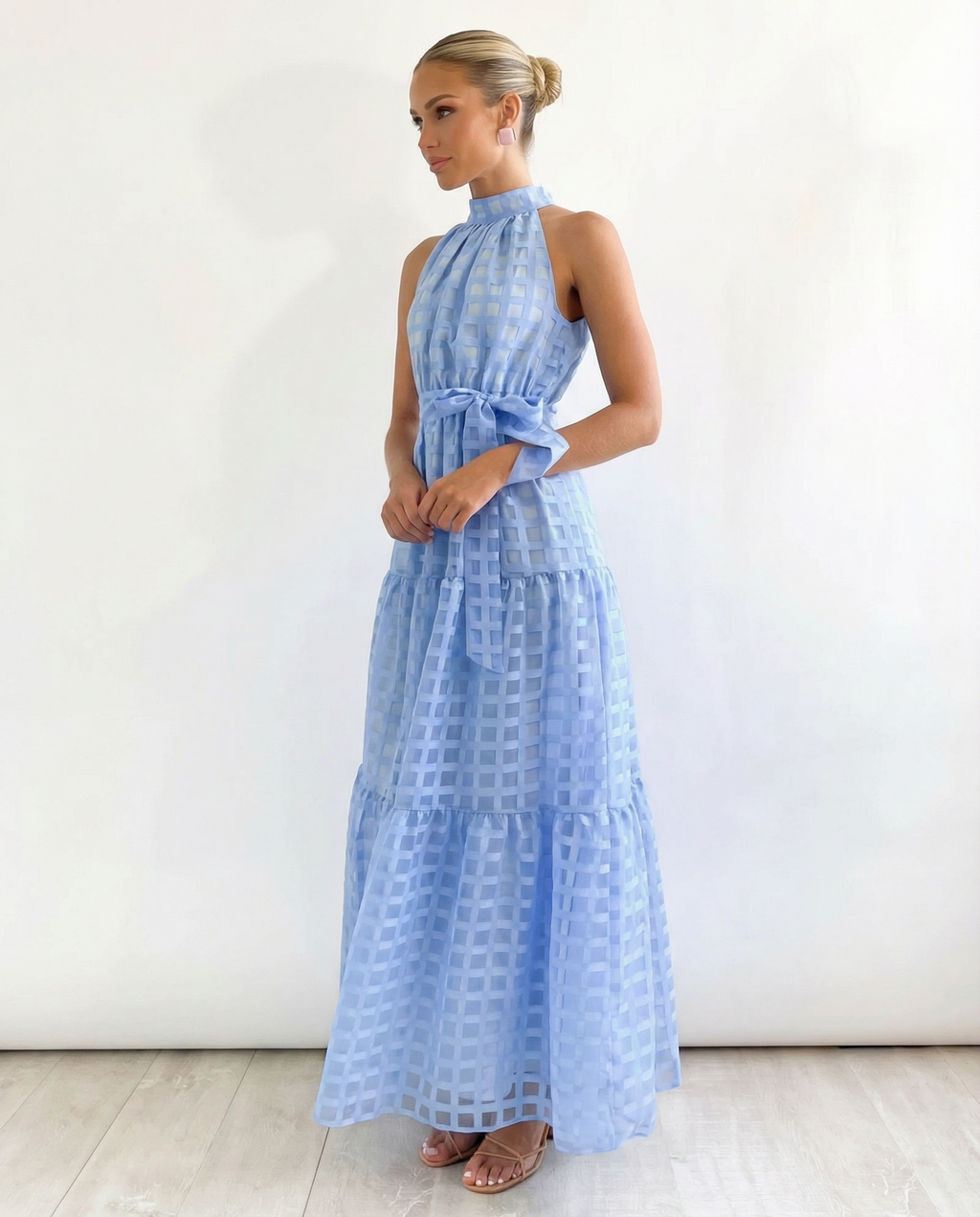 EVIE | Halter Neck Tie Waist Tiered Maxi Dress
