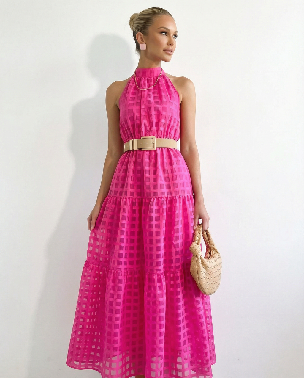 EVIE | Halter Neck Tie Waist Tiered Maxi Dress