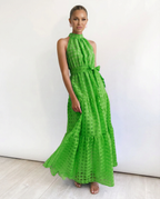 EVIE | Halter Neck Tie Waist Tiered Maxi Dress