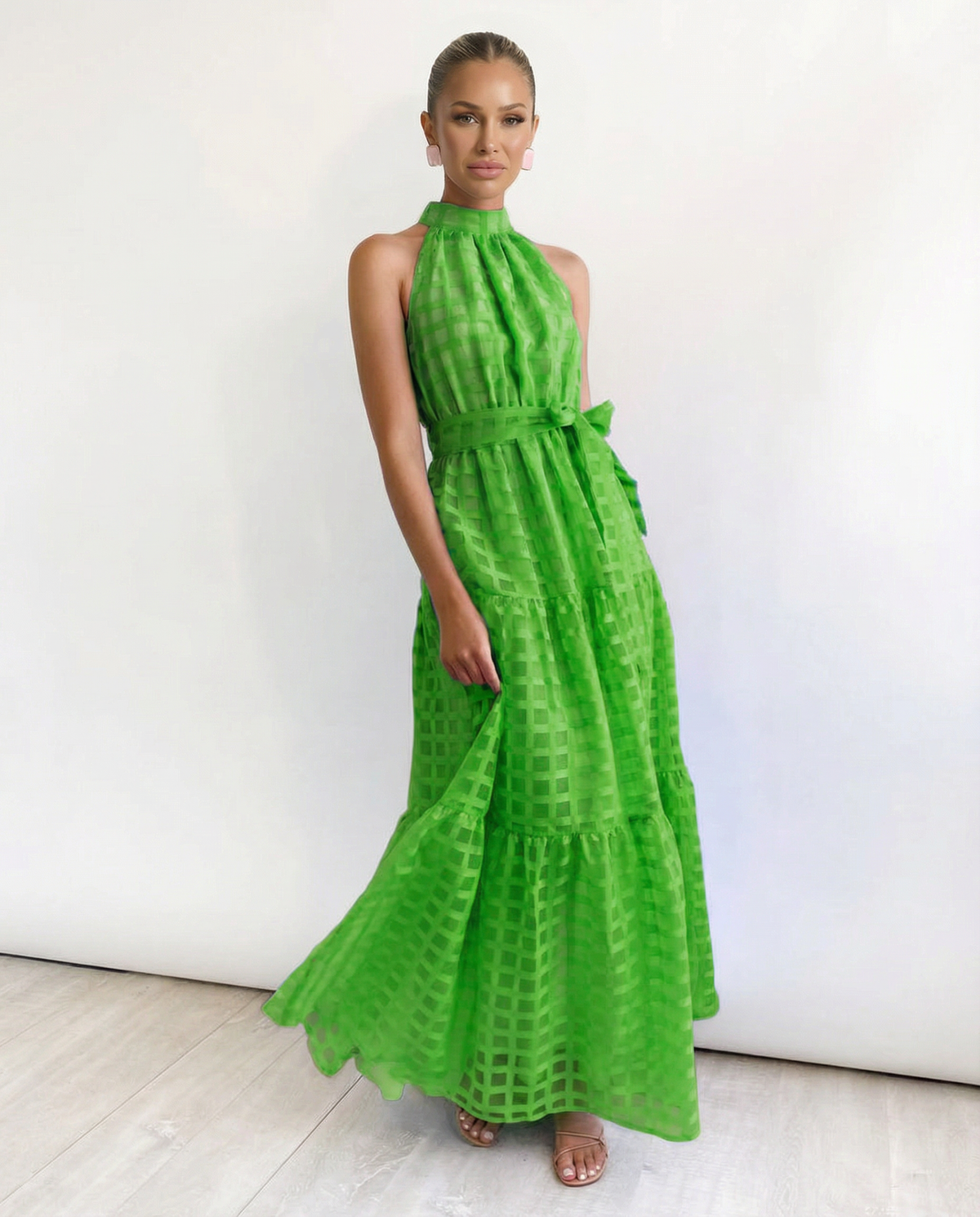 EVIE | Halter Neck Tie Waist Tiered Maxi Dress