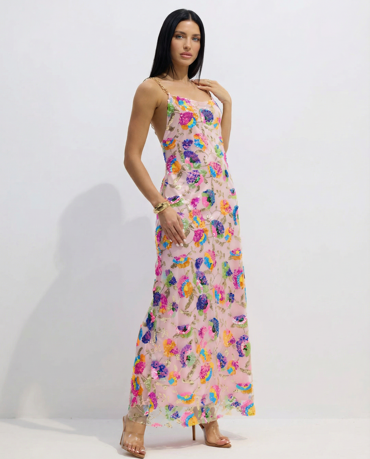 EVIE | Sequin Embroidered Backless Maxi Dress