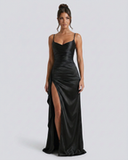 EVIE | Satin Cowl Neck Lace Up Maxi Dress
