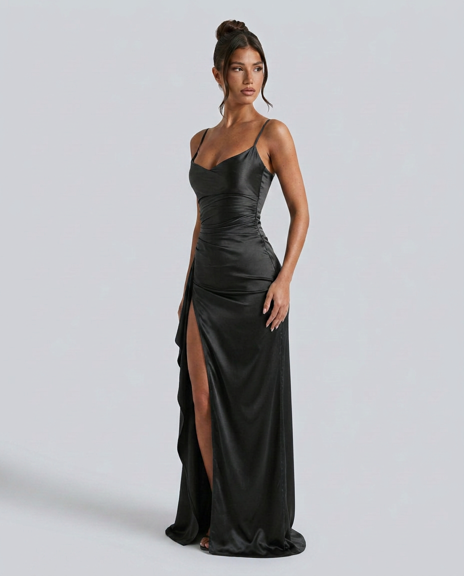 EVIE | Satin Cowl Neck Lace Up Maxi Dress