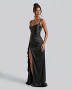 EVIE | Satin Cowl Neck Lace Up Maxi Dress
