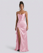 EVIE | Satin Cowl Neck Lace Up Maxi Dress