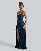 EVIE | Satin Cowl Neck Lace Up Maxi Dress