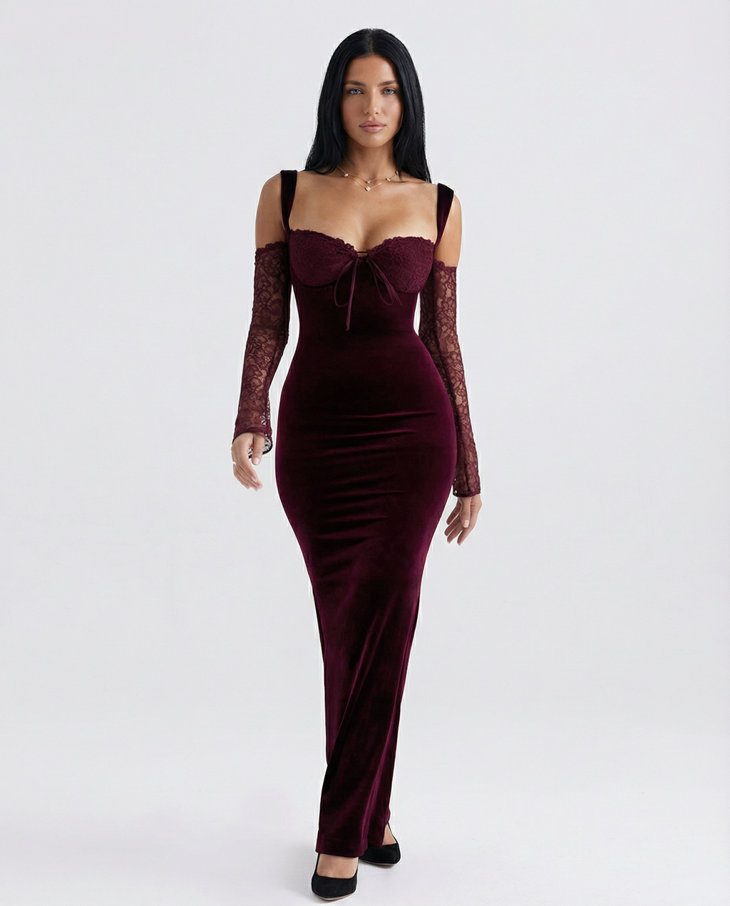 EVIE | Velvet Lace Sleeve Bodycon Maxi Dress