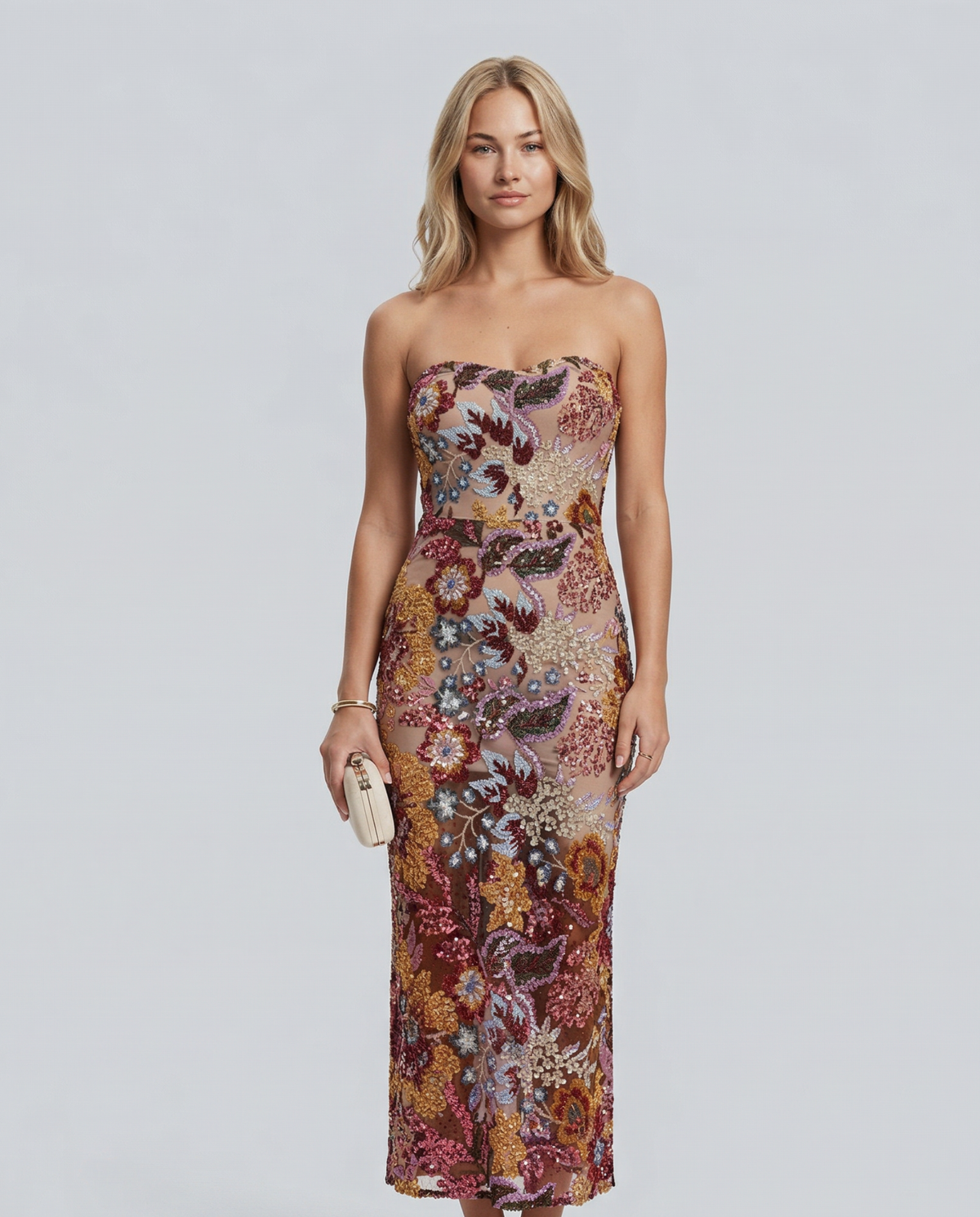EVIE | Strapless Floral Sequin Corset Maxi Dress