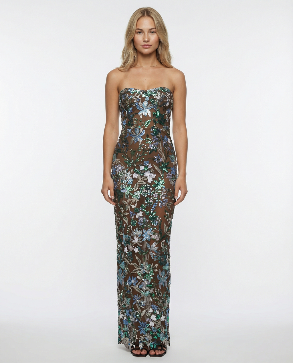 EVIE | Strapless Floral Sequin Corset Maxi Dress