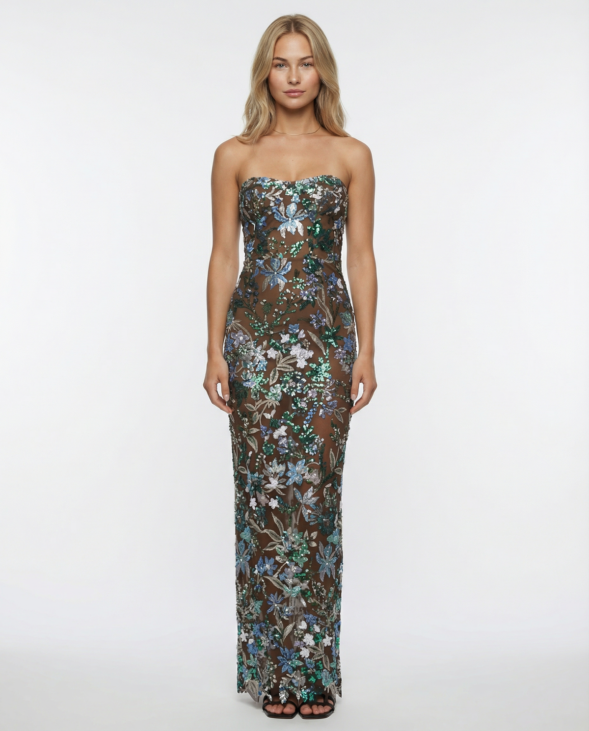 EVIE | Strapless Floral Sequin Corset Maxi Dress