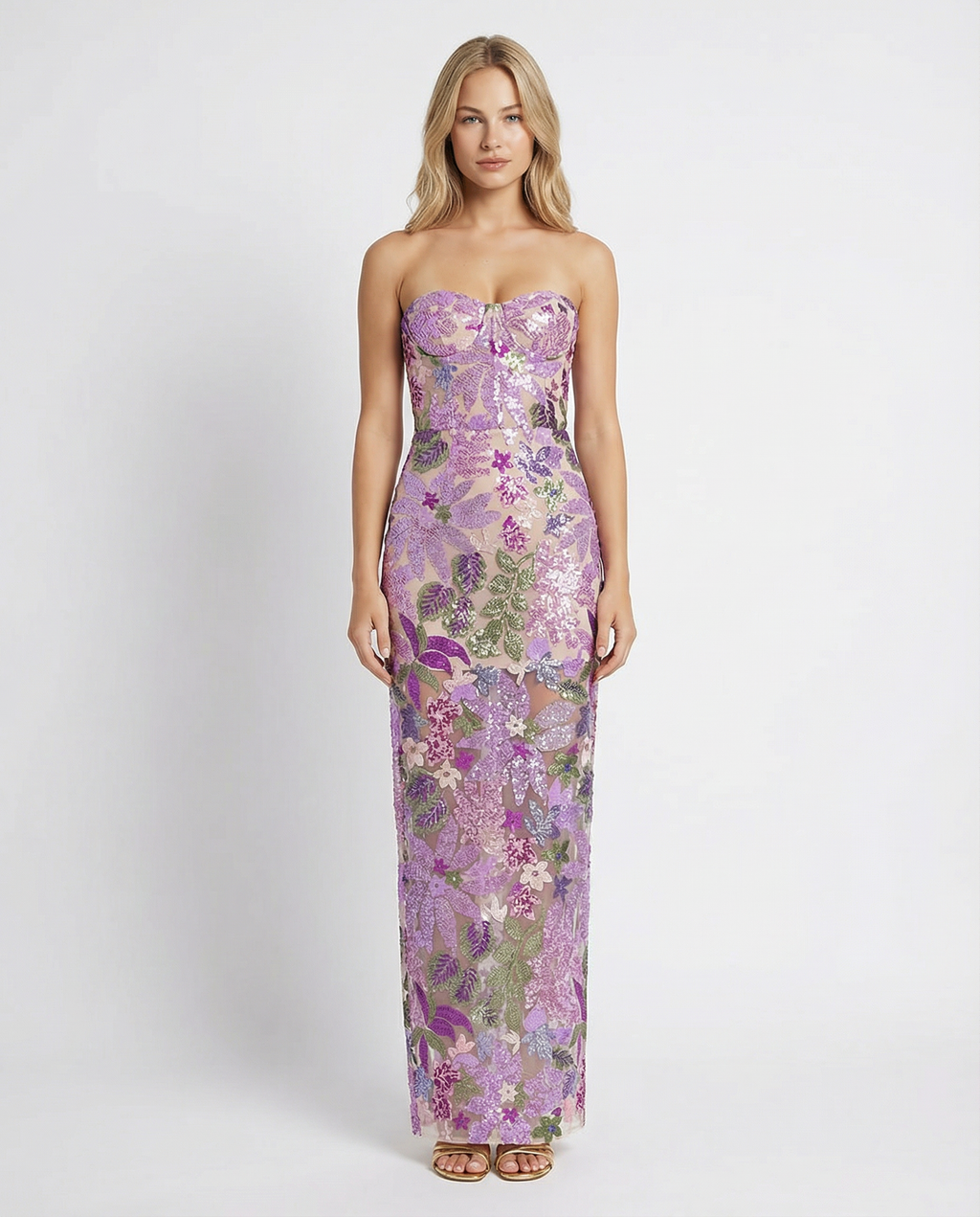 EVIE | Strapless Floral Sequin Corset Maxi Dress