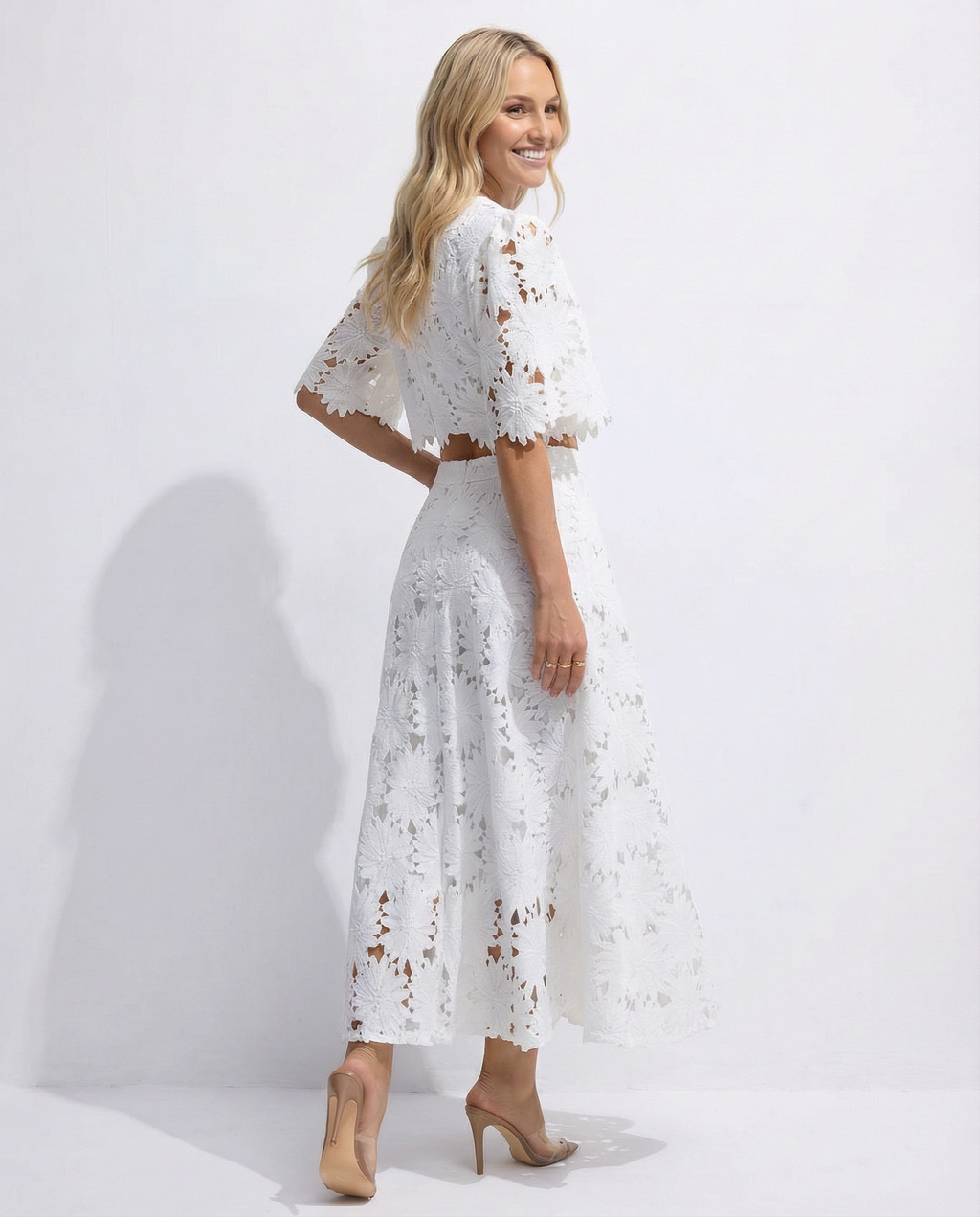 EVIE | Floral Lace Short Sleeve Crop Top Maxi Skirt Set