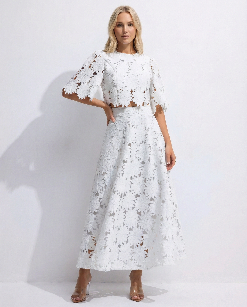 EVIE | Floral Lace Short Sleeve Crop Top Maxi Skirt Set