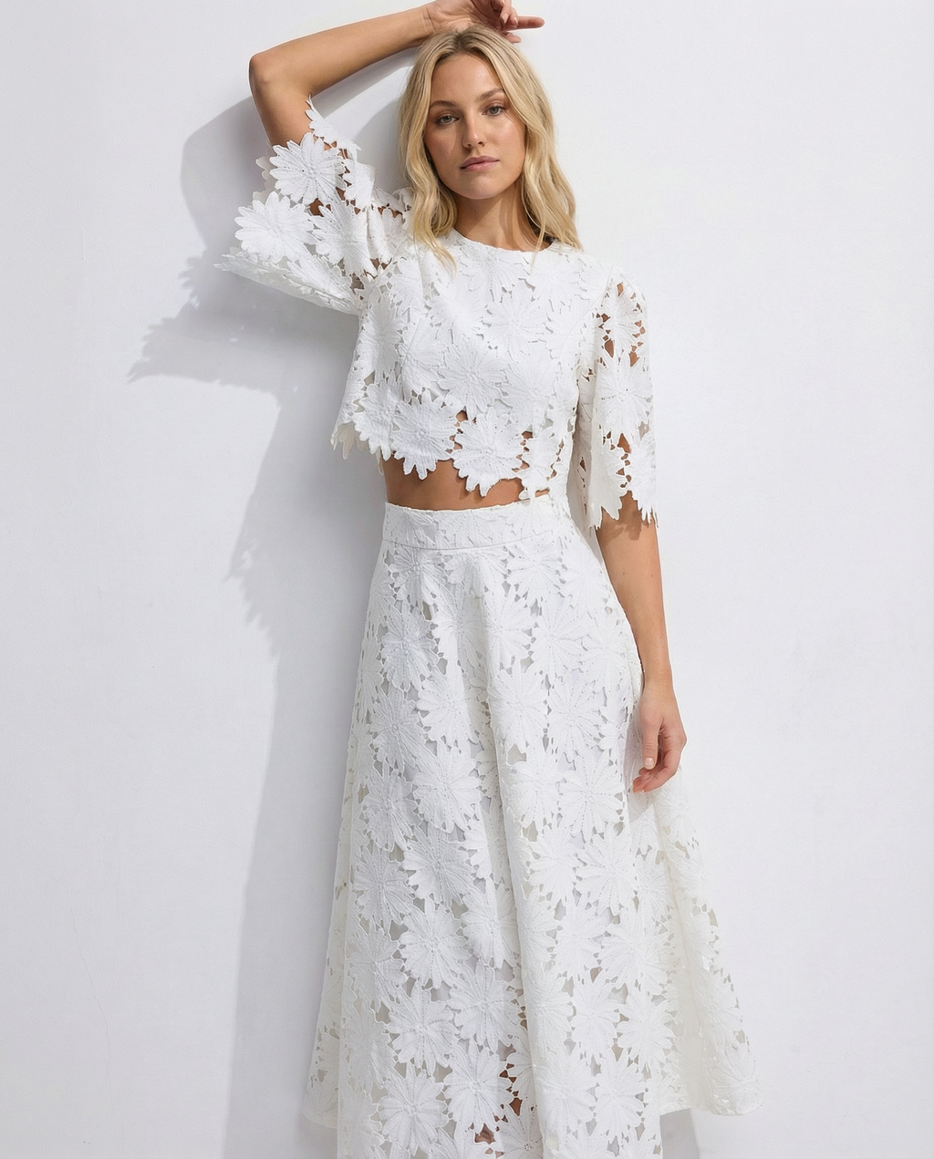EVIE | Floral Lace Short Sleeve Crop Top Maxi Skirt Set