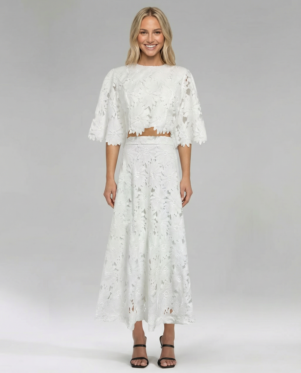 EVIE | Floral Lace Short Sleeve Crop Top Maxi Skirt Set