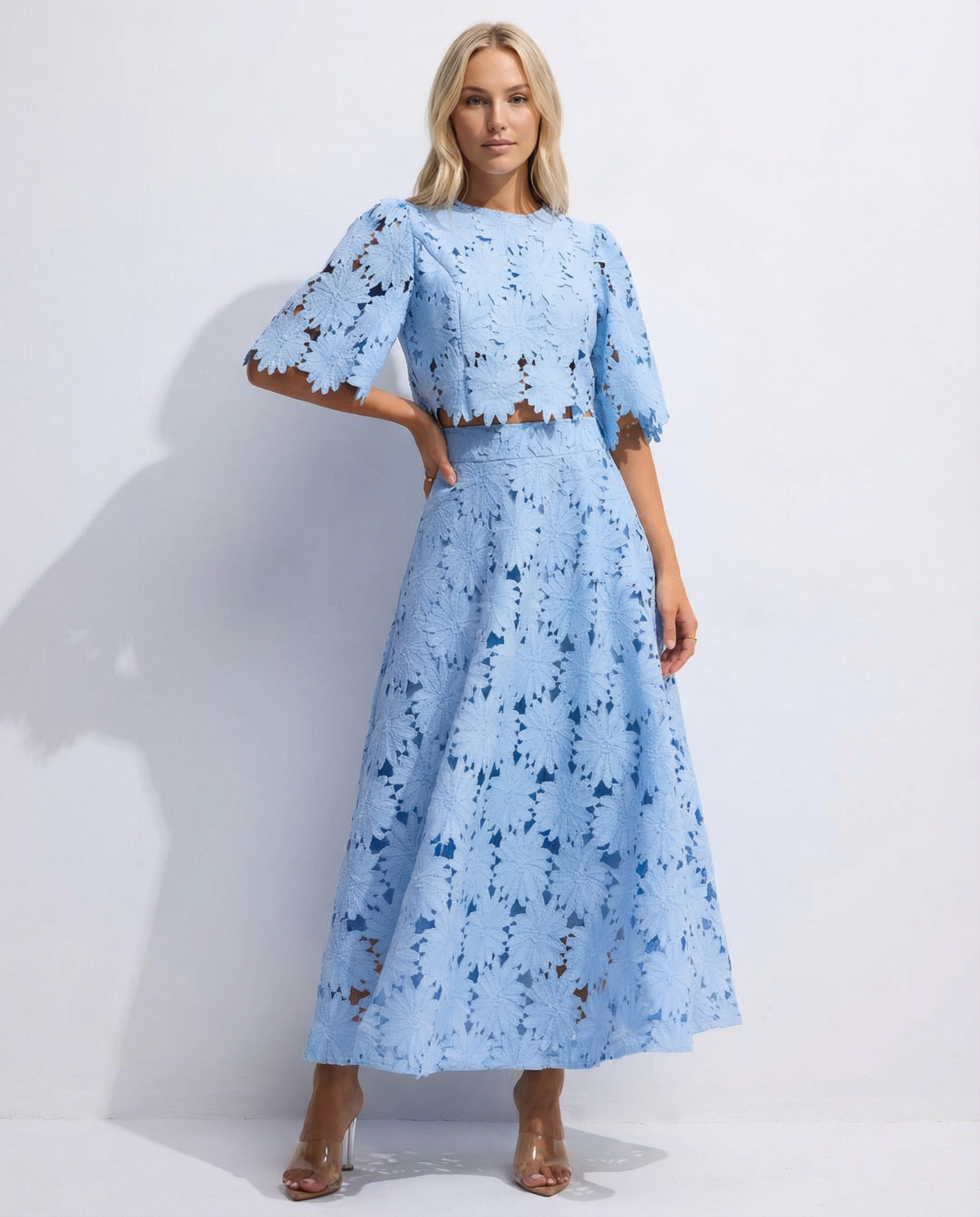 EVIE | Floral Lace Short Sleeve Crop Top Maxi Skirt Set