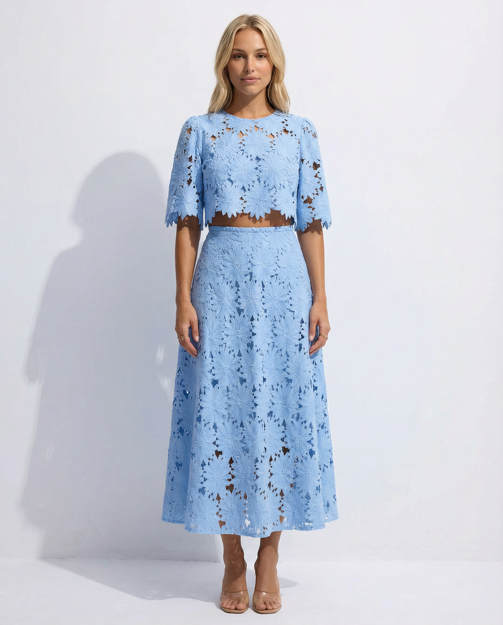EVIE | Floral Lace Short Sleeve Crop Top Maxi Skirt Set