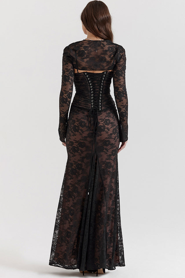 EVIE | Lace Corset Back Long Sleeve Maxi Dress