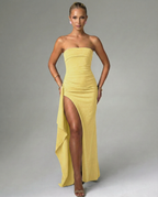 EVIE | Strapless Ruched Split Maxi Dress