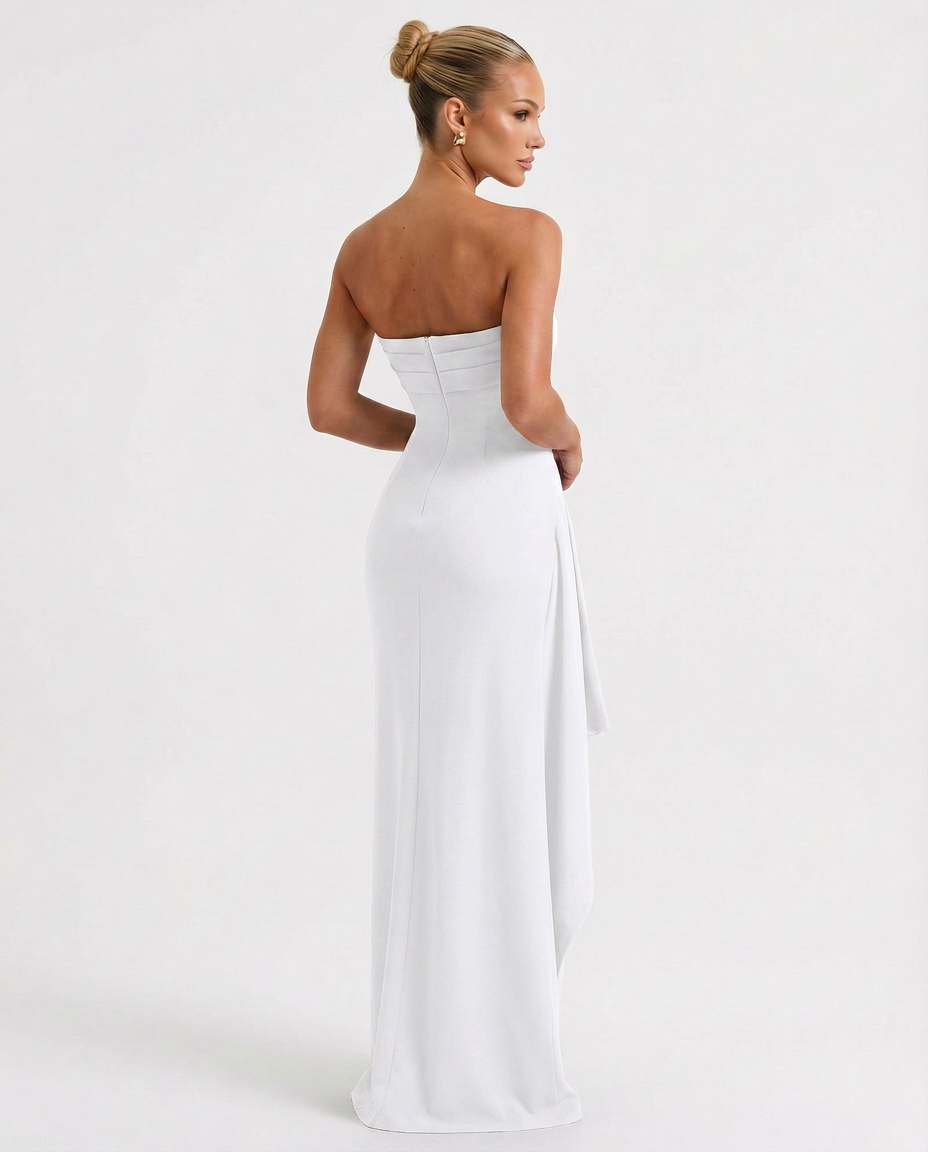 EVIE | Strapless Ruched Split Maxi Dress