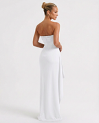EVIE | Strapless Ruched Split Maxi Dress