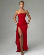 EVIE | Strapless Ruched Split Maxi Dress