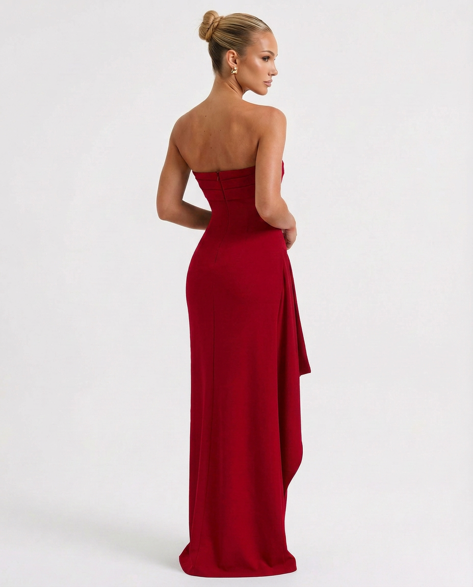 EVIE | Strapless Ruched Split Maxi Dress