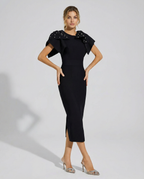 EVIE | Embellished Shoulder Short Sleeve Bodycon Midi Dress